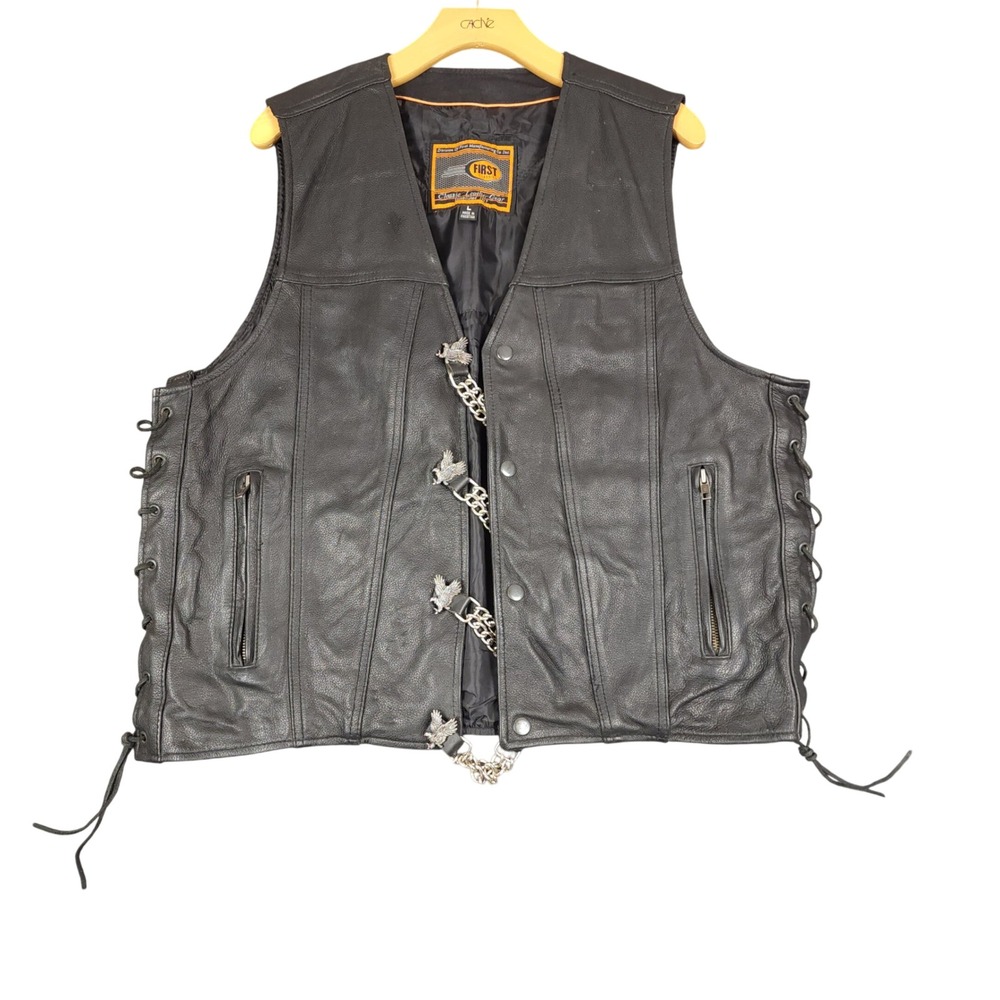 FIRST CLASSICS Mens Black Leather Motorcycle‎ Vest Eagle Chain Laces Pockets L